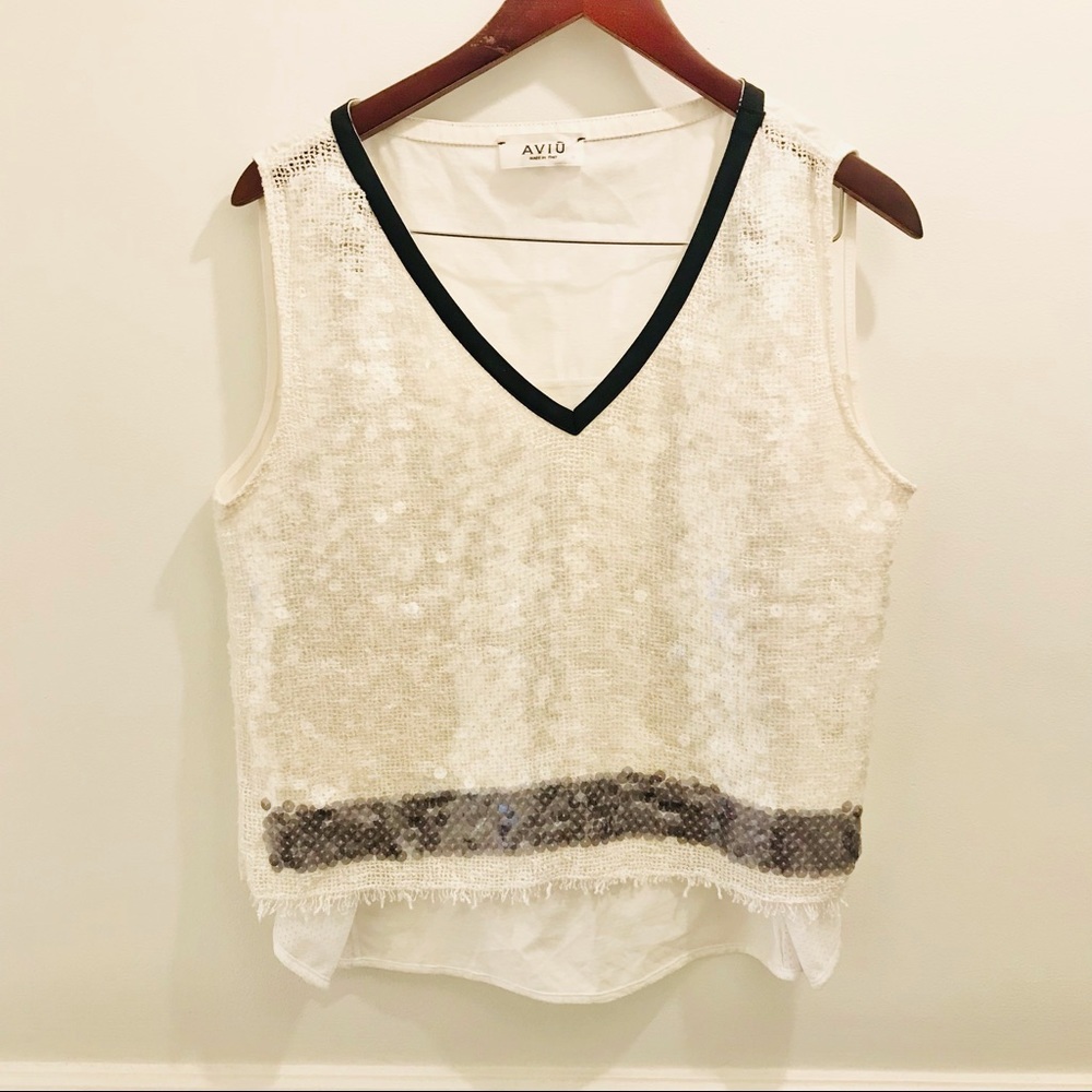 AVIU Sequin Tank Top 44 Mesh Black White Shirt medium large 8 black white